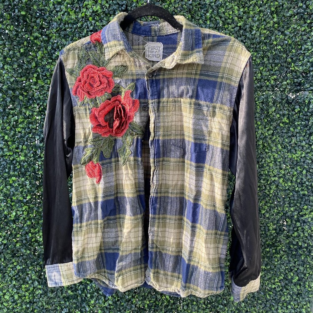 Blue & Green Flannel with Embroidered Roses